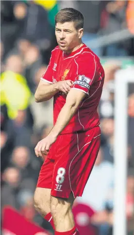  ?? Picture / AP ?? Liverpool’s Steven Gerrard removes the captain’s armband after being sent off, after less than a minute on the pitch.