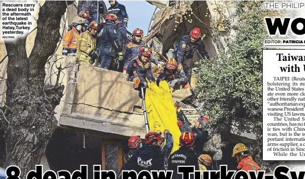  ?? REUTERS ?? Rescuers carry a dead body in the aftermath of the latest earthquake in Hatay,Turkey yesterday.