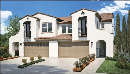  ??  ?? Valencia offers three- to five-bedroom plus loft single-family detached and duet homes near downtown Morgan Hill.