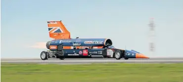  ??  ?? Bloodhound SSC performs one of two 200mph runs at Newquay in the UK.