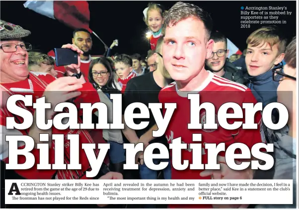  ??  ?? Accrington Stanley’s Billy Kee of is mobbed by supporters as they celebrate promotion in 2018