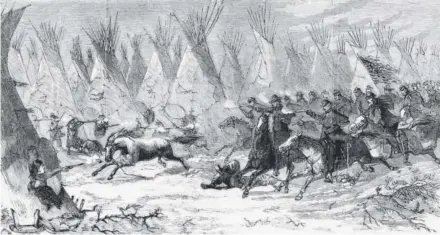  ?? Library of Congress ?? A wood engraving published in an 1868 edition of Harper’sWeekly shows the Seventh U.S. Cavalry charging into Black Kettle’s village during the Sand Creek Massacre.