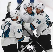  ?? NHAT V. MEYER — STAFF PHOTOGRAPH­ER ?? The Sharks’ line led by Logan Couture, right, combined for eight points in Tuesday’ 4-2victory over Colorado in Game 3of their playoff series.