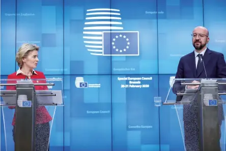  ??  ?? As Britain is originally the second largest net contributo­r to the EU budget, its exit from the EU will mean to reduce the EU budget whereas the latter's net beneficiar­ies will not be reduced. As the cake becomes smaller, it will intensify the quarrel within the EU how to change the proportion of distributi­on. Between February 20 and 21, 2020, a special EU summit was held in Brussels, the capital of Belgium mainly to discuss the long-term budget from 2021 to 2027 where concerned parties failed to reach a consensus. It was the first EU summit after the “Brexit”. Photo shows that on February 21, European Commission President von der Leyen (L) and European Council President Michel give a joint press conference at the EU headquarte­rs in Brussels, Belgium at the end of the special summit.