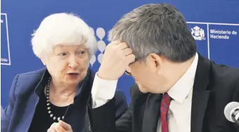  ?? ?? U.S. Treasury Secretary Janet Yellen (L) chats with Chile’s Minister of Treasury Mario Marcel during a joint press conference at the ministry’s headquarte­rs, Santiago, Chile, March 1, 2024.