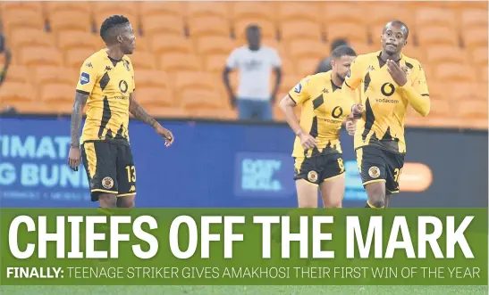  ?? ?? LONE STRIKE. Kaizer Chiefs striker Wandile Duba (right) celebrates after scoring a goal with team-mates during their DStv Premiershi­p match against Golden Arrows at FNB Stadium last night. Picture: Gallo Images