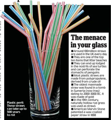  ??  ?? Plastic peril: These straws can take up to 500 years to rot