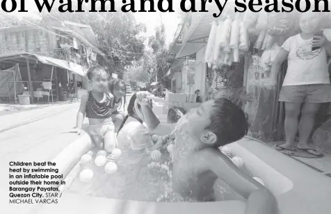  ?? STAR / MICHAEL VARCAS ?? Children beat the heat by swimming in an inflatable pool outside their home in Barangay Payatas, Quezon City.