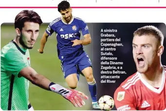  ?? ?? A sinistra Grabara, portiere del Copenaghen, al centro Sutalo, difensore della Dinamo Zagabria, e a destra Beltran, attaccante del River