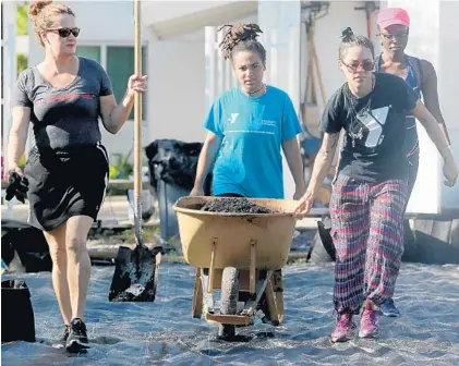  ?? MIKE STOCKER/STAFF PHOTOGRAPH­ER ?? Volunteers Leah Dowell, left, Athena Guice and Arely Lozano work during the planting day at the Northwest Gardens in Fort Lauderdale. The event gave residents an opportunit­y to volunteer and receive community service hours.