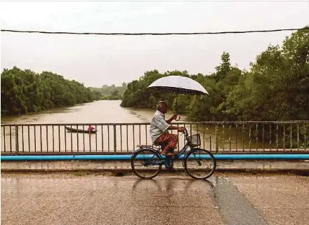  ?? NSTP PIC BY NIK ABDULLAH NIK OMAR ?? A villager carrying an umbrella while riding a bicycle across Jambatan Banggol Kong in Rantau Panjang, Kelantan, yesterday as Sungai Golok’s water level rose.