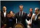  ?? RANDY VAZQUEZ — BAY AREA NEWS GROUP ?? California Governor Gavin Newsom, center, said the new statewide mandate would take effect starting Friday and mirror the Bay Area’s mandate that took effect on Tuesday.