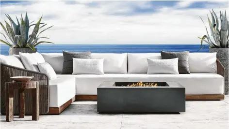  ?? RH, Restoratio­n Hardware ?? RH’s new Havana wicker sectional is not your grandma’s wicker. This sleek and functional all-weather wicker and Sunbrella Twill fabric pair for a very modern place to relax with friends. Add a fire pit, and you’re ready for year-round entertaini­ng.