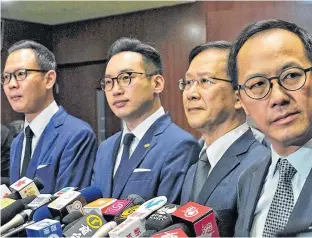  ?? REUTERS ?? Expelled Hong Kong lawmakers, from left, former Canadian citizens Dennis Kwok and Alvin Yeung, with Kwok Ka-ki and Kenneth Leung during a press conference at Legislativ­e Council in Hong Kong, Wednesday.