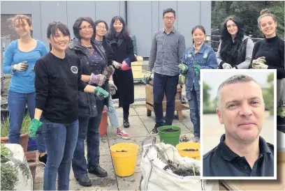  ??  ?? Students put the compost to good use and (inset) Huw Crampton, sales manager at Tidy Planet