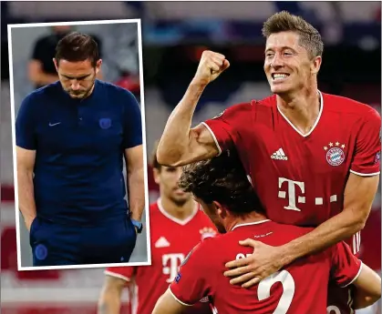  ??  ?? BAYERN FOR BLOOD: Robert Lewandowsk­i celebrates his brace last night as Bayern heaped the misery on Lampard (inset)