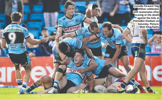  ?? ?? Cronulla forward Teig Wilton celebrates with teammates after scoring at the death against the Eels at PointsBet Stadium on Saturday. Picture: Matt King/Getty