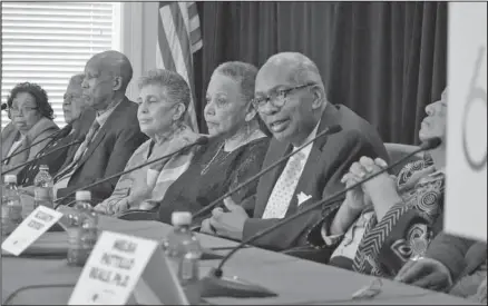  ?? The Associated Press ?? LITTLE ROCK NINE: Surviving members of the Little Rock Nine, the students who integrated Central High School in 1957, speak with the media Friday at the Clinton School of Public Service in Little Rock, Ark. From the left are Thelma Mothershed Wair,...