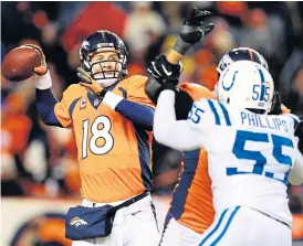  ??  ?? Broncos quarterbac­k Peyton Manning, left, in action against the Colts.