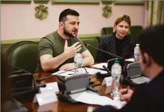  ?? Associated Press ?? In this photo provided by the Ukrainian Presidenti­al Press Office, Ukrainian President Volodymyr Zelenskyy speaks during his meeting with President of the European Parliament Roberta Metsola in Kyiv, Ukraine, on Friday.