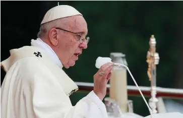  ?? AP photo ?? Pope Francis delivers his speech as he celebrates a mass in Czestochow­a, Poland.