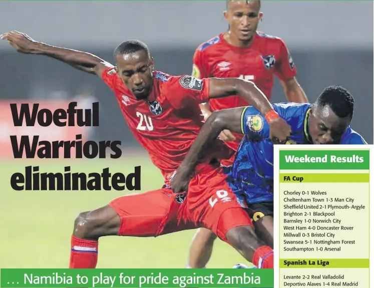  ??  ?? Disappoint­ing… Namibia was knocked out of the ongoing CHAN tournament after suffering defeat to Tanzania.