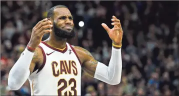  ??  ?? Cleveland Cavaliers forward LeBron James, who declined to comment on the Cavaliers’ frustratio­n meeting, enters the matchup with the Spurs needing seven points to become the seventh player in league history with 30,000.