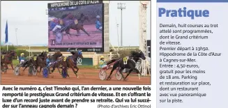  ??  ?? Avec le numéro , c’est Timoko qui, l’an dernier, a une nouvelle fois remporté le prestigieu­x Grand critérium de vitesse. Et en s’offrant le luxe d’un record juste avant de prendre sa retraite. Qui va lui succéder sur l’anneau cagnois demain ? (Photo...