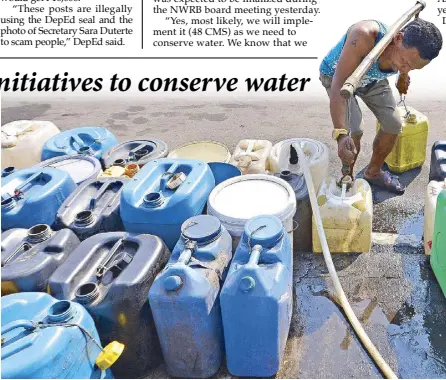  ?? EDD GUMBAN ?? A man fills containers with water along Mel Lopez Boulevard in Tondo, Manila yesterday. Water service interrupti­ons are expected in Metro Manila amid El Niño and the continued drop in Angat Dam’s elevation.