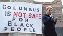  ??  ?? Hana Abdur-rahim speaks during a “Stop the Lies” protest in front of the Ohio Statehouse on Wednesday.