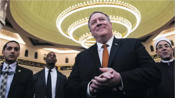  ?? ANDREW CABALLERO-REYNOLDS / POOL PHOTO VIA THE ASSOCIATED PRESS ?? U.S. Secretary of State Mike Pompeo speaks to the press Thursday in the newly inaugurate­d Cathedral of the Nativity Christ in Egypt’s New Administra­tive Capital east of Cairo.