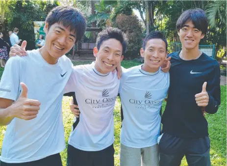  ?? TRAINING ON TRACK: Elite Japanese runners Kenta Murayama, Takashi Ichida, Hiroshi Ichida and Kota Murayama have been enjoying Townsville conditions as they prepare for, among other events, the 202O Olympics in Tokyo. Picture: KEAGAN ELDER ??