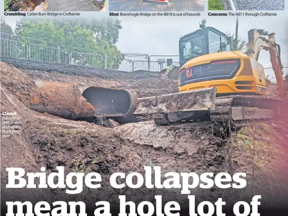  ?? ?? Crumbling Catter Burn Bridge in Croftamie
Closed Ballochrui­n Bridge was shut after a burst water pipe
Shut Branshogle Bridge on the B818 is out of bounds
Concerns The A811 through Croftamie