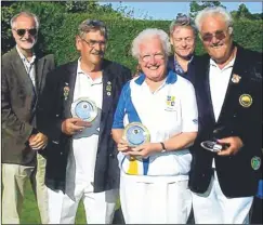  ??  ?? ALL SMILES: Steve Auty, winning skip Stan Knott, Brenda Braithwait­e, Ian McBride and Dennis Hawkins at the Hospice Triples Tournament at Chislet