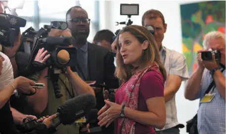  ?? CP PHOTO ?? Minister of Foreign Affairs Chrystia Freeland arrives to speak to media at the Vancouver Island Conference Centre during day two of the Liberal cabinet retreat in Nanaimo on Wednesday.