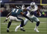  ?? RON JENKINS - THE ASSOCIATED PRESS ?? FILE - In this Nov. 19, 2017, file photo, Philadelph­ia Eagles cornerback Ronald Darby (41) defends as Dallas Cowboys’ Dez Bryant gains extra yardage after catching a pass in the first half of an NFL football game in Arlington, Texas.