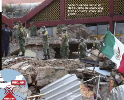  ?? FOTO AP ?? Soldaten ruimen puin in de stad Juchitán. De aardbeving heeft er enorme schade aangericht.
