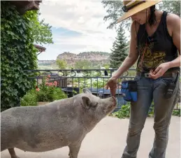  ??  ?? On the welcome center patio, caregiver Rosalie Wind has a few treats for Wally.