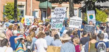  ?? APRIL GAMIZ/THE MORNING CALL ?? Crowds gather to participat­e in the Climate Strike at Payrow Plaza in Bethlehem, Pennsylvan­ia on Friday. Students from Lehigh University and Lehigh Valley Charter High School for the Arts marched among other protesters.