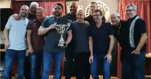  ?? ?? ●●The victorious RTB Terry Abbott Memorial Trophy winners 2021/2022 season, the Widnes Cricket Club. From left to right: Matty Fisher, Dave Herley, Nev Goff, Ernie Griffith (partly hidden), Jonny Leather (captain), Phil Slavin, Carl Bryan, Kev Baxter, Trevor Chadwick, Ian Sharples and Andy Atkin