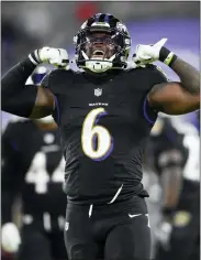  ?? NICK WASS — THE ASSOCIATED PRESS ?? Baltimore Ravens’ linebacker Patrick Queen reacts after making a tackle on Cleveland Browns running back Kareem Hunt during Baltimore’s win Sunday. The Ravens (8-3) are one of 12 AFC teams at or better than the .500mark.