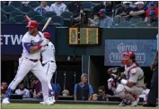  ?? EMIL T. LIPPE — THE ASSOCIATED PRESS FILE ?? The Texas Rangers' Josh Jung (6) gets set in the batter's box as the pitcher's clock winds down during a game against the Philadelph­ia Phillies in Arlington, Texas, on Saturday, April 1.