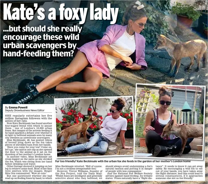  ?? ?? Fur too friendly? Kate Beckinsale with the urban fox she feeds in the garden of her mother’s London home