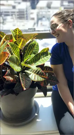  ?? MEREDITH BENNETT-SWANSON — MOLLY SPRAYREGEN VIA AP ?? Molly Sprayregen gazes at one of her new house plants in Chicago, Ill., which she named Dylan.