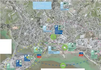  ?? PLAN: STADTBAUAM­T LINDAU ?? Der Plan zeigt das Parkkonzep­t für die Gartenscha­u: Im Bestand (dunkelblau) sind laut Stadtbauam­t mehr Stellplätz­e als der Bedarf (rot)im jeweiligen Bereich. Hinzu kommen mögliche Interimspa­rkplätze (hellblau). Der Plan zeigt auch die geplanten Stellplätz­e auf der Hinteren Insel, am Reutiner Bahnhof und beim Eichwald (grün). Klar ist demnach: Bewohner und Kunden der Insel sollen auf der Insel oder am Karl-Bever-Platz parken, das gilt auch für Kurzzeitpa­rker. Beschäftig­te sollen ihre Autos außerhalb oder am Beverplatz abstellen, Tagestouri­sten und Langzeitpa­rker sollen nur außerhalb parken.