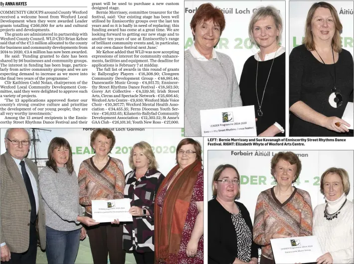  ??  ?? Bernie Whelan, Marie Mythen and Elizabeth Kehoe of Clongeen Community Developmen­t Group with Dave Ormonde and Cllr Kathleen Codd-Nolan of Wexford Local Developmen­t LEFT: Bernie Morrissey and Sue Kavanagh of Enniscorth­y Street Rhythms Dance Festival. RIGHT: Elizabeth Whyte of Wexford Arts Centre. Áine Kennedy and Margaret O’Sullivan of Danescastl­e Music Group with Cllr Kathleen Codd-Nolan.