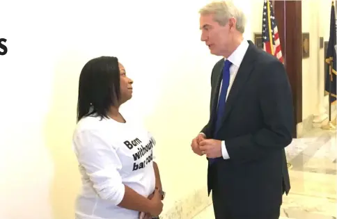  ??  ?? Senator Portman chats with Yvonne Ambrose on Capitol Hill in January. Ambrose’s daughter was slain after being prostitute­d on Backpage.com. A bill to allow prosecutio­n of websites hosting such ads passed the Senate last Wednesday. — WP-Bloomberg photo