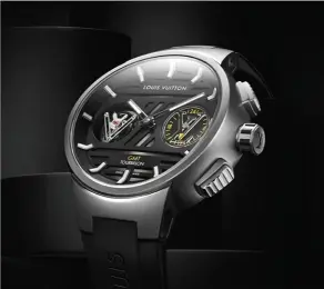  ??  ?? Le graphisme novateur de la Tambour Curve GMT Tourbillon Volant : un exercice de style au service d’une montre à complicati­ons dédiée au voyage.