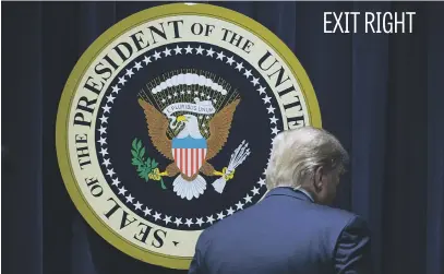  ?? Picture: EPA-EFE ?? US President Donald Trump departs beside the seal of the US President at an event titled Summit on Transformi­ng Mental Health Treatment to Combat Homelessne­ss, Violence and Substance Abuse, in the Eisenhower Executive Office Building in the White House complex in Washington DC on Thursday.