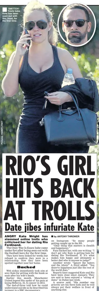  ??  ?? ‘SMITTEN’: Towie babe Kate has been seen out with Rio, inset, for the first time.